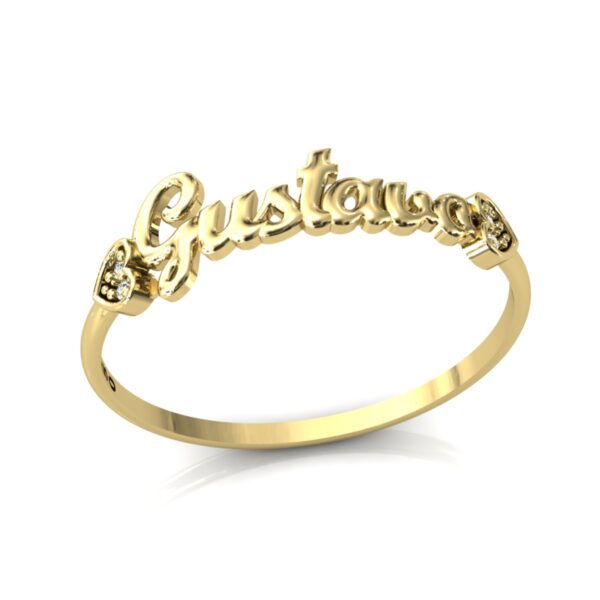 Anel Nome Gustavo Pedras Diamantes Ouro 18k