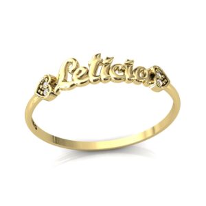 Anel Nome Letícia Pedras Diamantes Ouro 18k