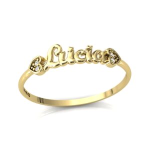 Anel Nome Lúcia Pedras Diamantes Ouro 18k