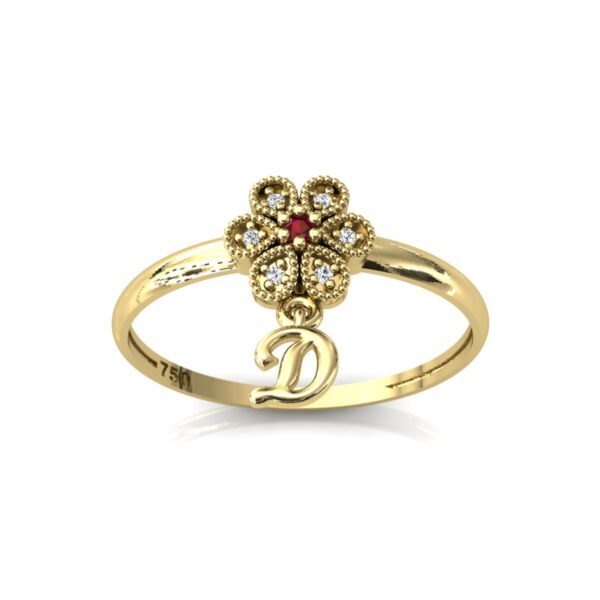 Anel Chuveiro Flor Gota Com Pingente Letra Em Ouro 18k