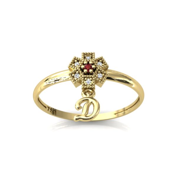 Anel Chuveiro Flor Quadrado Com Pingente Letra Em Ouro 18k
