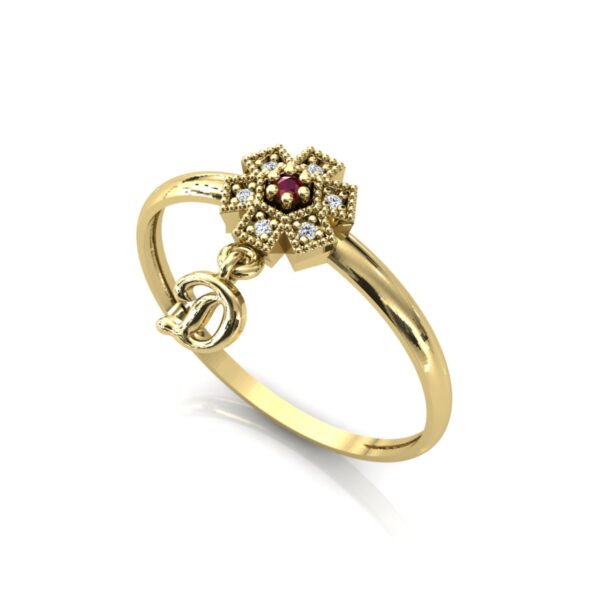 Anel Chuveiro Flor Quadrado Com Pingente Letra Em Ouro 18k - Image 3