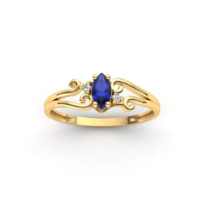 Anel Formatura Em Safira Natural E Diamantes Navete Ouro 18k